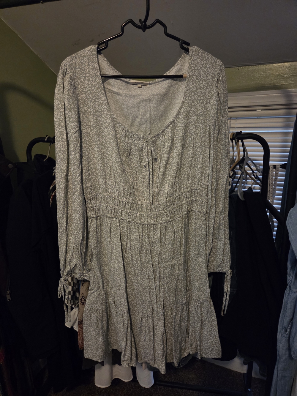 Angels Sage Floral Long-Sleeve Tie-Neck Dress